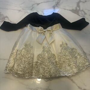 Rare Editions Black Velvet Dress with Gold Embroidery